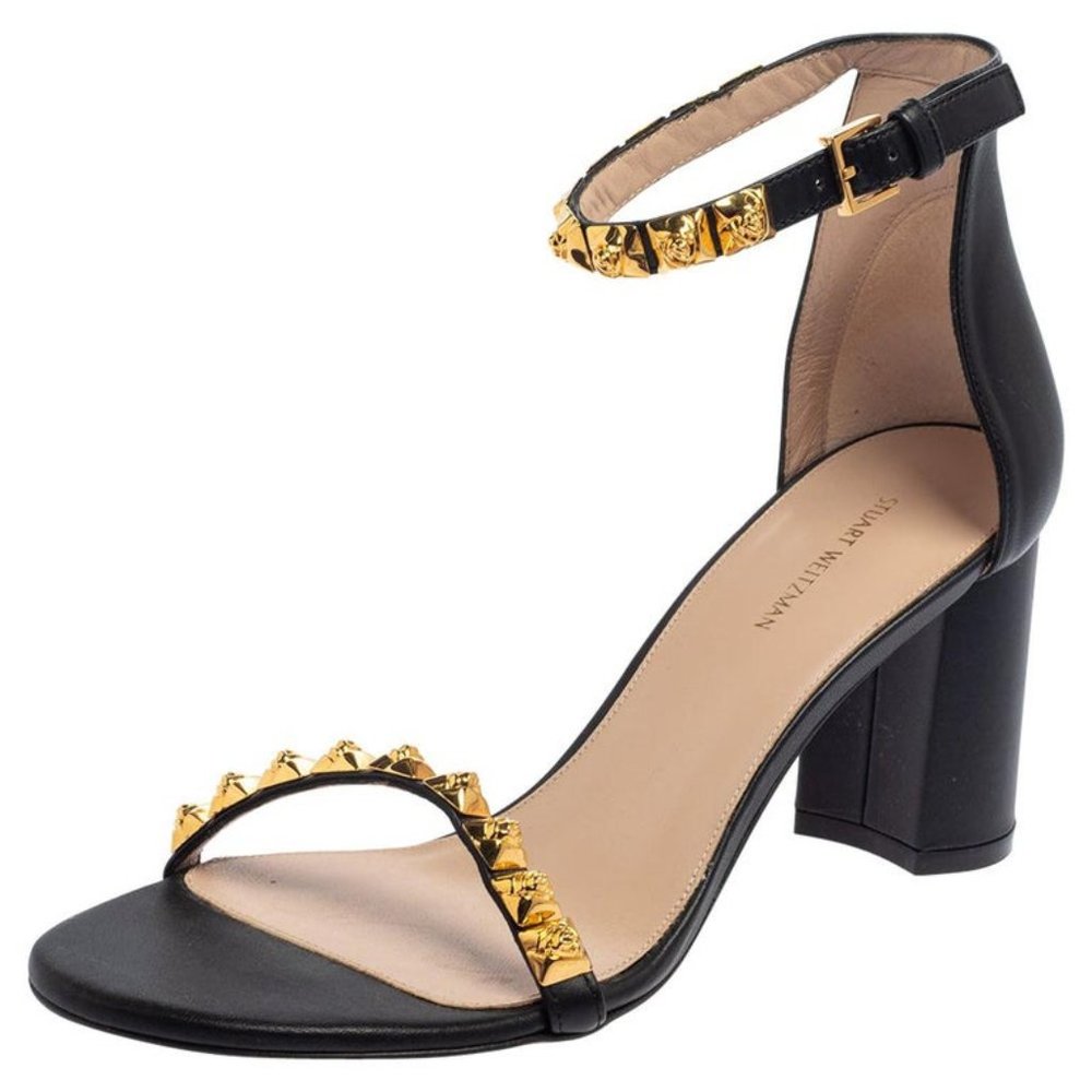 Stuart Weitzman Black Leather Embellished Ankle Strap Sandals EU 39